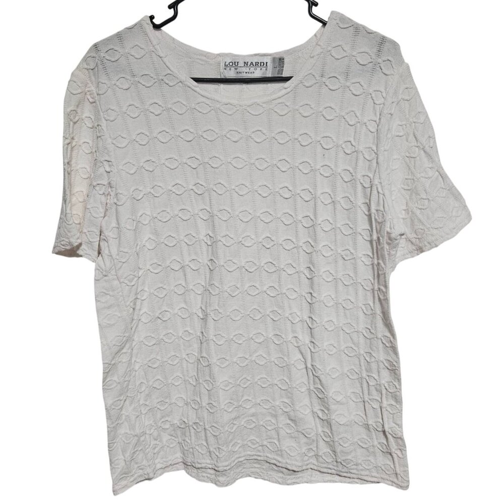 Lou Nardi White Knit Textured Top Womens Size Large Short Sleeve Cotton